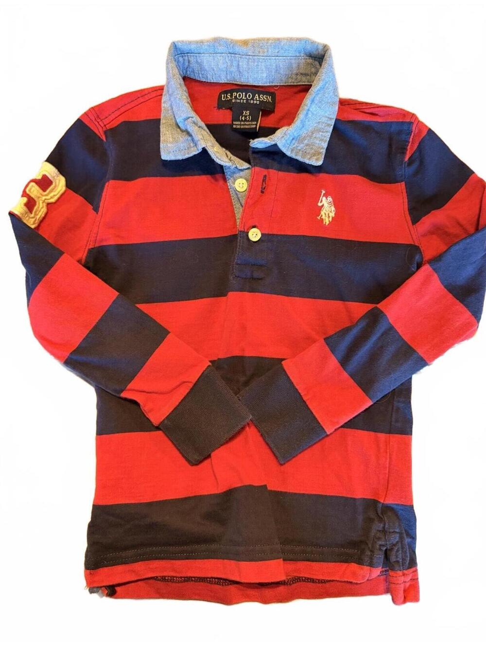 US Polo Red and Blue Striped Long Sleeve Rugby Shirt